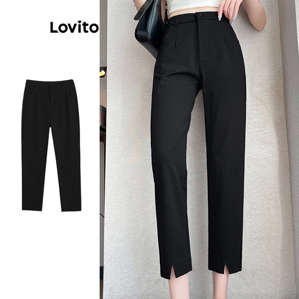 Lovito กางเกงผู้หญิง ผ่าหน้า สีพื้น สไตล์ลำลอง LNE69555