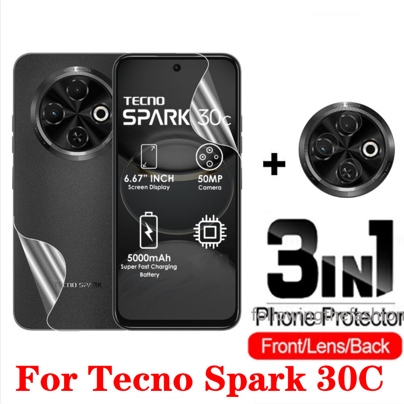 3 in 1ด้านหน้าและด้านหลังฟิล์มHydrogelนุ่มสําหรับTecno Spark 30C Spark30 C spark30c 4G 2024 ฟิล์มป้องกันคลุมทั้งหมดใสหน้าจอกล้องเลนส์Protectorไม่ใช่แก้ว