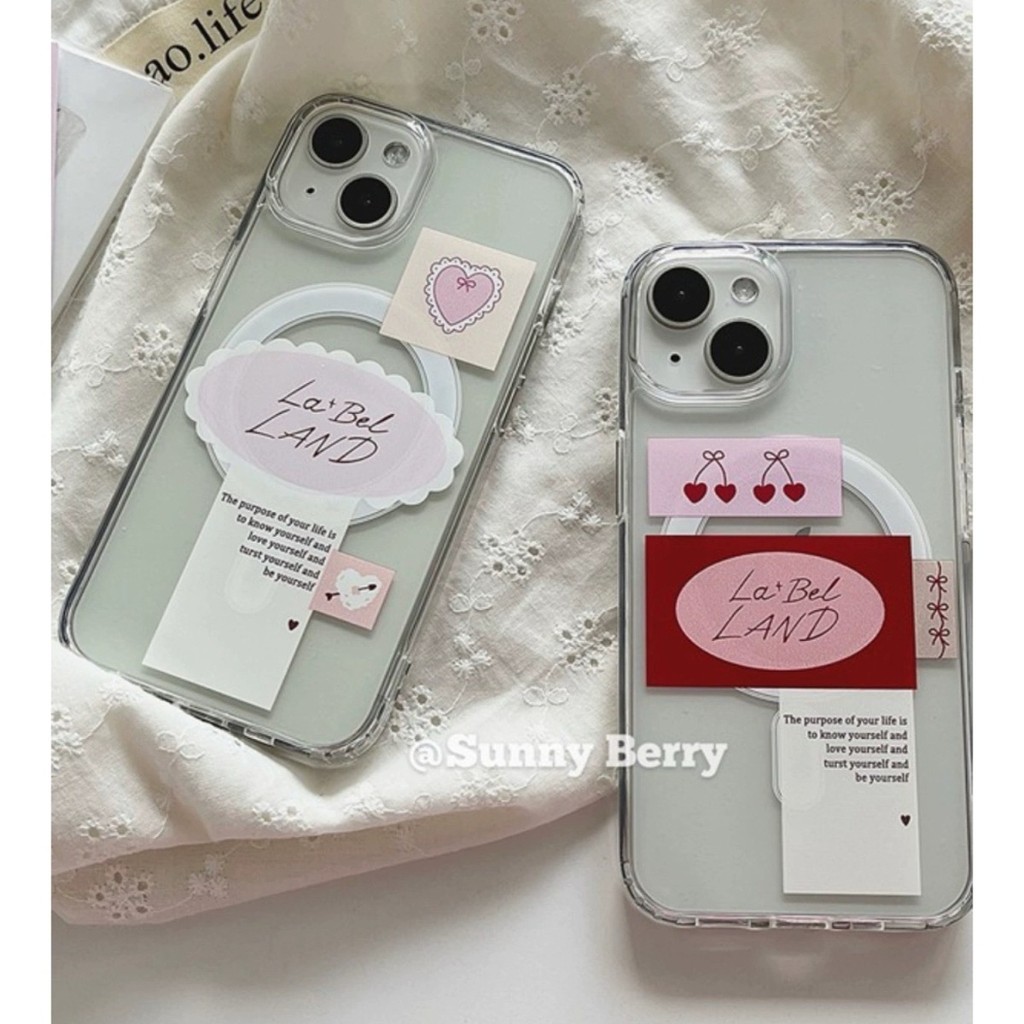 เกาหลีเกาหลี ins สาวสีชมพู Cherry Label Magnetic Case iPhone15pro เคสโทรศัพท์ 16/14/13/12/11/promax/Case โปร่งใส Soft Case 81JE