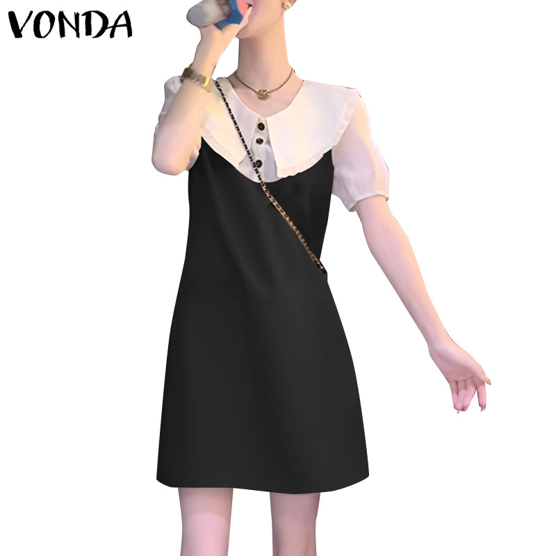 Vonda ชุดเดรสคอกลมแขนสั้นพัฟลําลองเกาหลีสําหรับผู้หญิง
