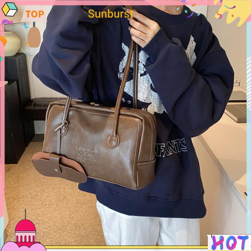 กระเป๋าสะพายไหล่สําหรับผู้หญิง w/Double Zip Underarm Bag PU Leather Tote Bag for Work [Sunburst11.th]