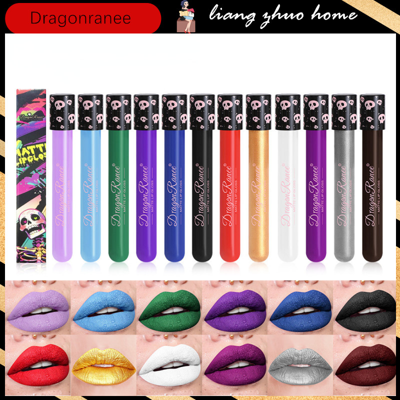 Dragon Ranee ลิปสติกแมทกันน้ํา 12 เฉดสี Lasting Pigment สีเขียว-ม่วง ลิปกลอสคริสต์มาสฮาโลวีน