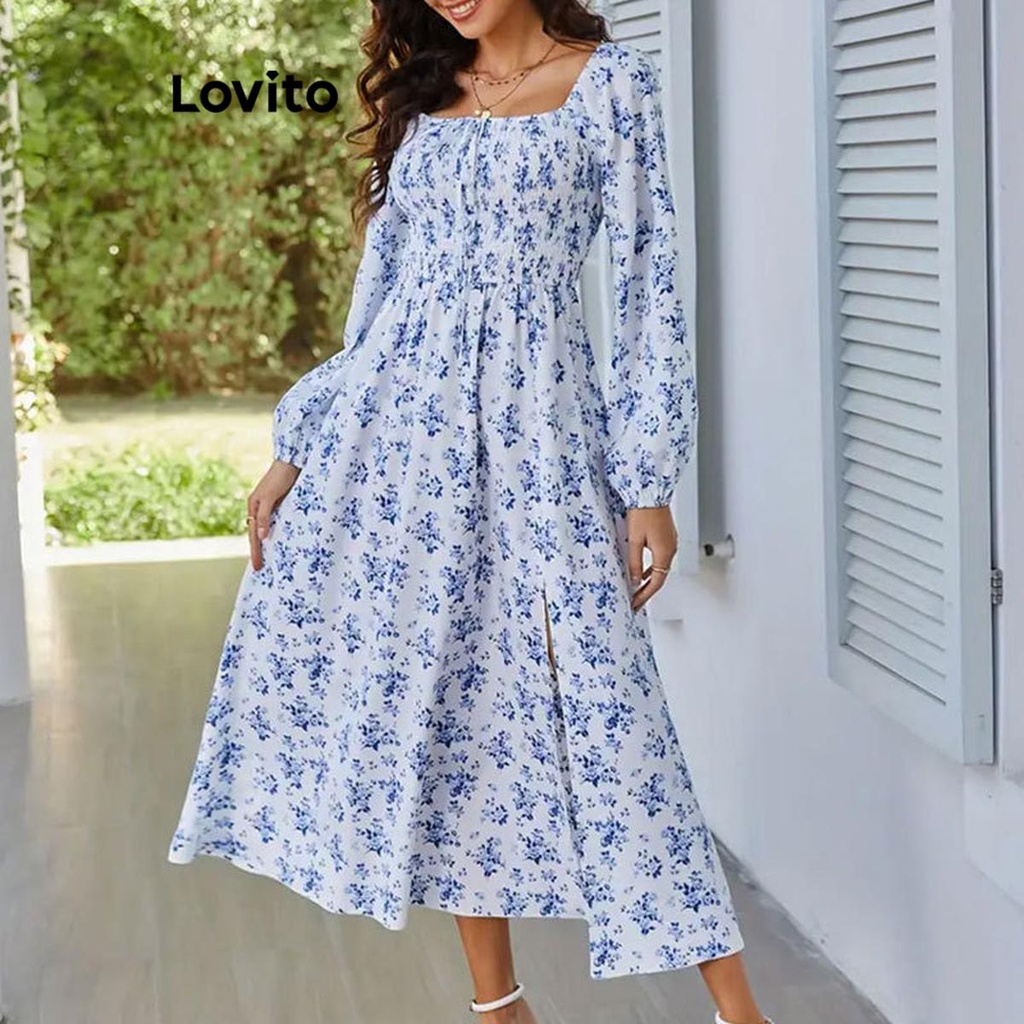Lovito ชุดเดรสผู้หญิง ลายดอกไม้ ผ่าหน้า แต่งสม็อค สไตล์ลำลอง LNL68081