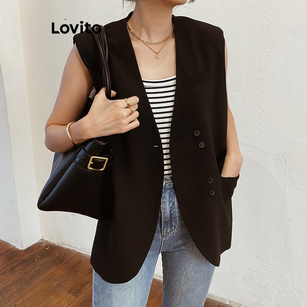 Lovito เสื้อเบลาส์ผู้หญิง มีกระดุม มีกระเป๋า สีพื้น สไตล์หรูหรา L87ED019(หลากสี)