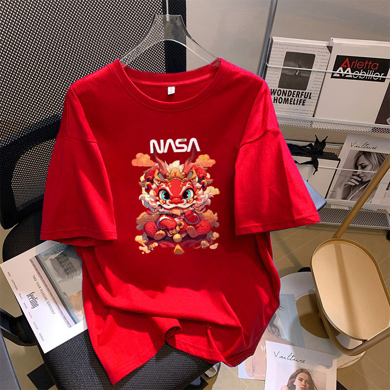 COD (จัดส่งในกรุงเทพฯ) MAO Shop print tee，เสื้อยืดพิมพ์ลายเชิดสิงโตสีแดงรื่นเริง oversize #54214