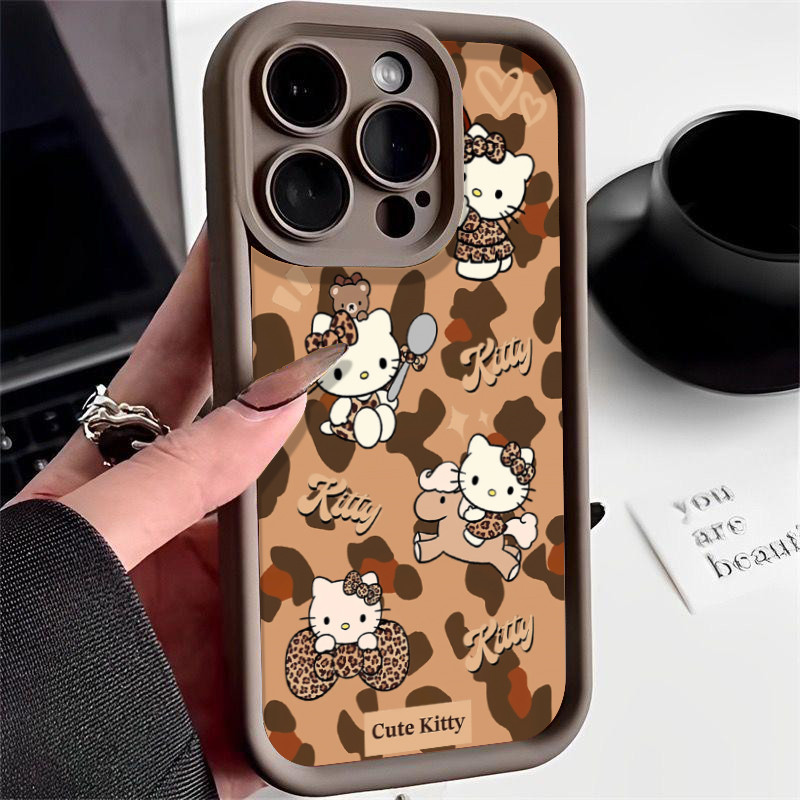 Iphone 16 15 14 13 12 11 Pro Max X XR Max 7 8 Plus INS ฤดูใบไม้ร่วงและฤดูหนาวเสือดาวพิมพ์น่ารัก KT cat เคสโทรศัพท์ Soft