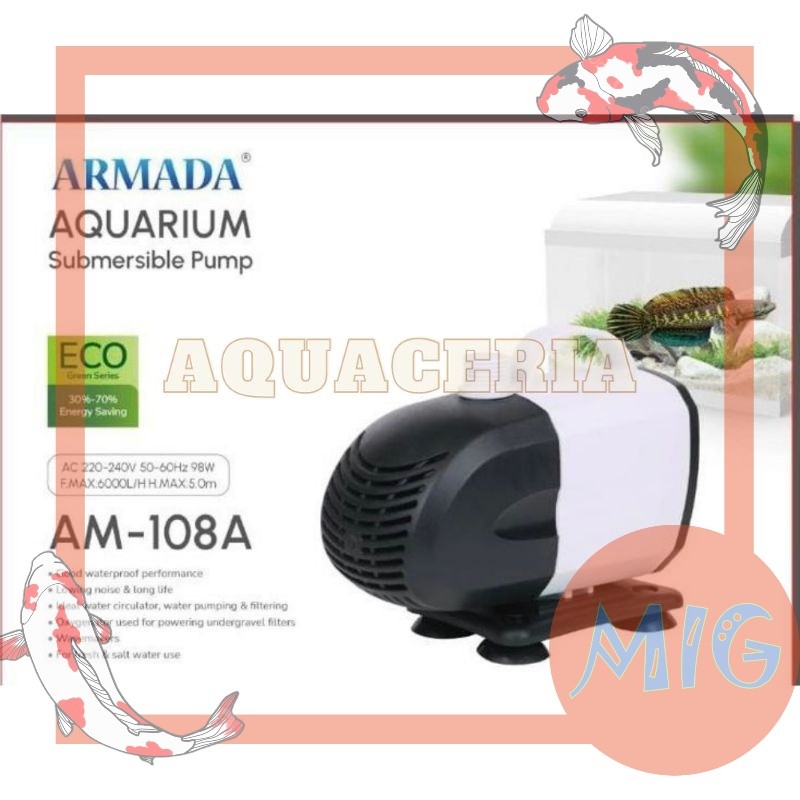 MESIN ARMADA AM 108 A ปั๊มน้ํา Aquarium Pond Submersible Machine 5 เมตร 6000 L/H 98 วัตต์