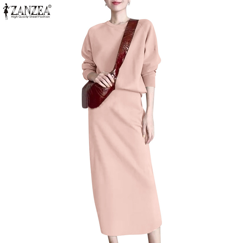 ZANZEA ซานเซีย ผู้หญิงเกาหลีลําลองคอกลมแขนยาวเสื้อสวมหัวชุดสีทึบ
