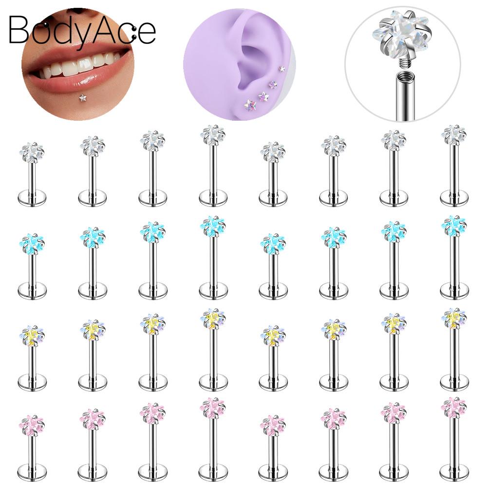 Bodyace 1 PC สแตนเลสสตีล Lip Stud คริสตัล Helix Daith กระดูกอ่อนเจาะ Star Shape หู 18G/16G ภายในเกลียว Labret แหวนเครื่องประดับ