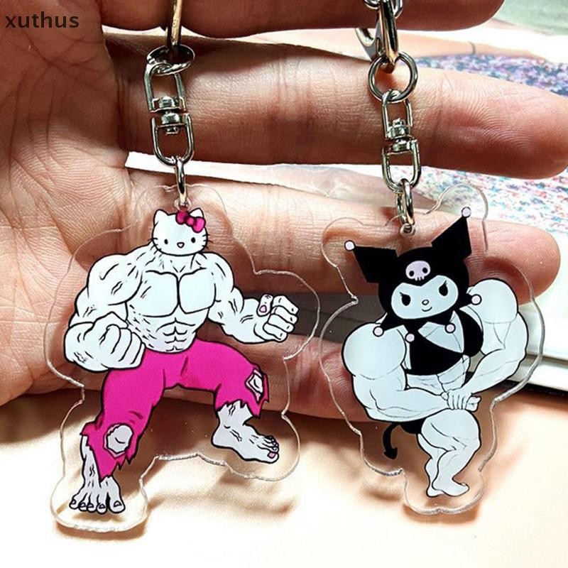 Xut ตลก Sanrio กล้ามเนื้อพวงกุญแจอะนิเมะ Hello Kitty Kawaii สาวพวงกุญแจฟิตเนส Macho My Melody กระเป๋าเป้สะพายหลังคู่จี้ของเล่นของขวัญ N