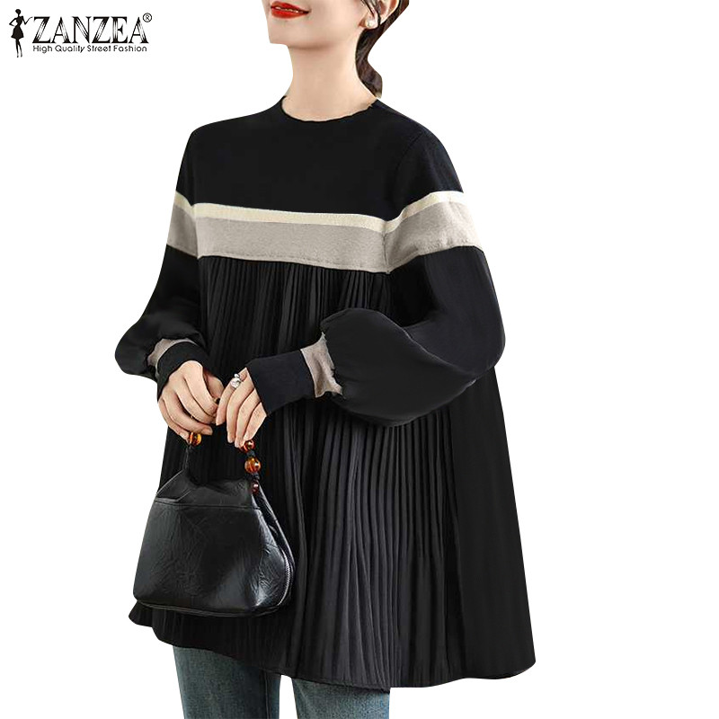 ZANZEA ซานเซีย ผู้หญิงเกาหลีลําลองคอกลมแขนยาวจีบเสื้อหลวม