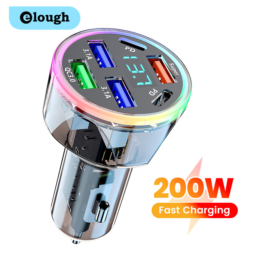 Elough 200W 6 พอร์ตโปร่งใส Car Charger USB Type C PD Fast Charging อะแดปเตอร์ชาร์จโทรศัพท์ในรถยนต์พร้อมไฟสีสันสดใส