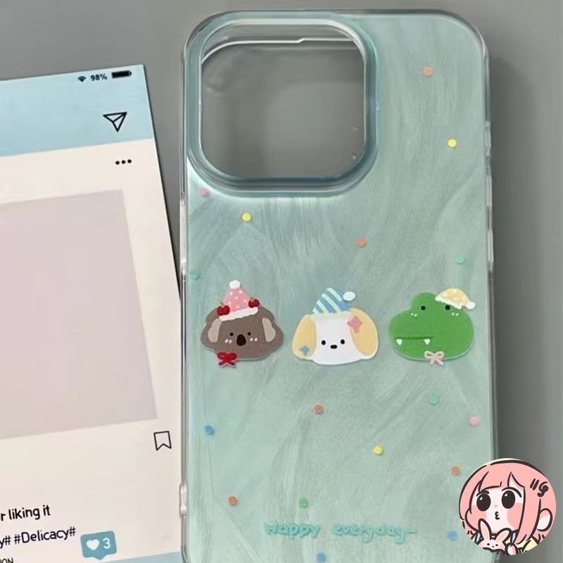 เคสจุดคลื่นสัตว์สีเขียวมิ้นต์น่ารักเข้ากันได้ เคสไอโฟน 16 11 14 13 15 12 Pro Max 16 15 7 8 14 Plus XR X XS MAX SE เคส