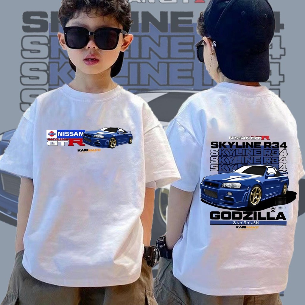 GTR R34 ฤดูร้อน เสื้อยืด kids ผ้าฝ้ายแท้ car เสื้อยืดพิมพ์ลาย เหมาะสำหรับผู้ชายและผู้หญิง 100cm-150cm