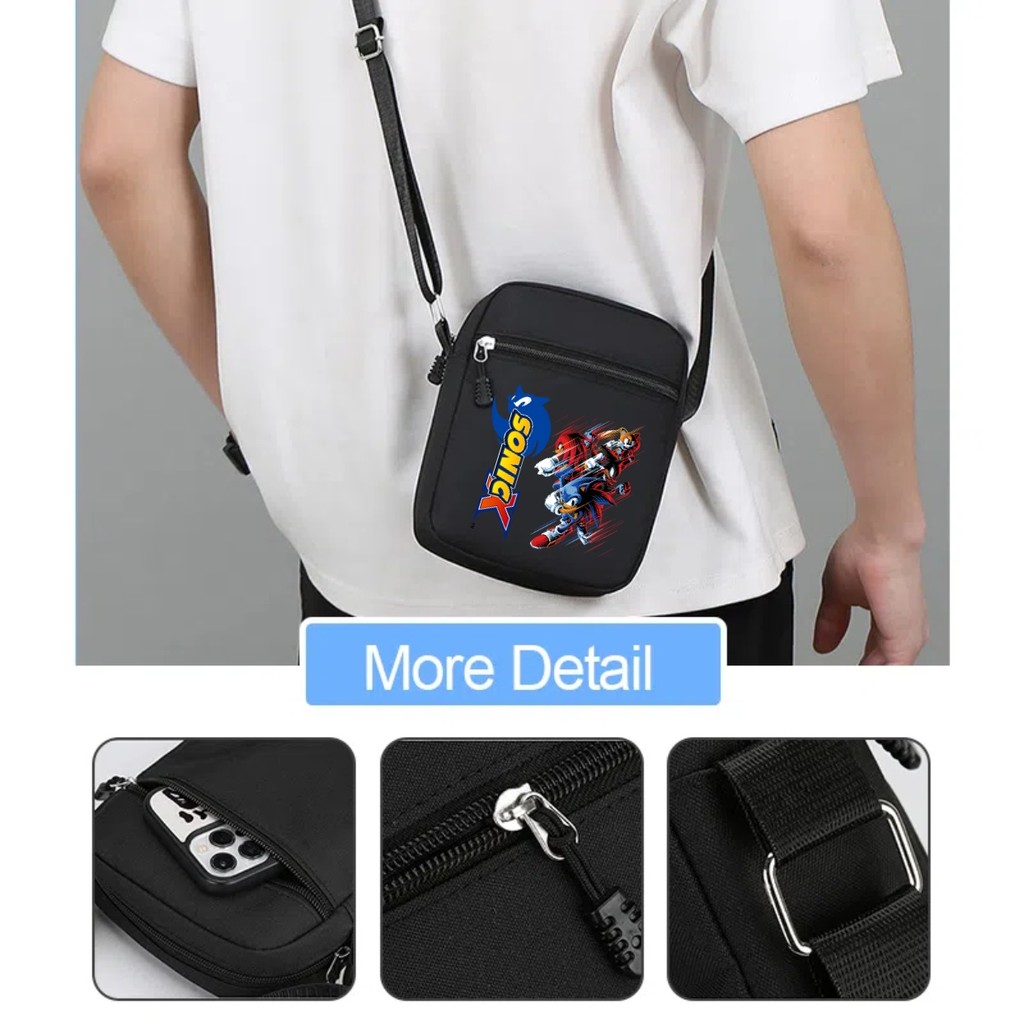 ใหม่ Sonic การ์ตูนพิมพ์ Square Canvas Crossbody Bag สีดํา Multi functional Storage Bag สําหรับทุกวันแฟชั่น Dressing