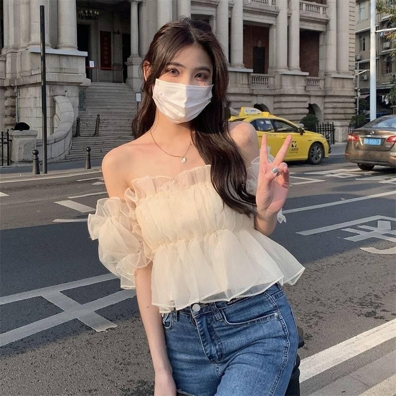 เสื้อสตรีแขนสั้น หวานเสื้อปาดไหล่ เสื้อปาดไหล่ เสื้อผ้าผู้หญิง มาใหม่ในปีIns Clothing Lady