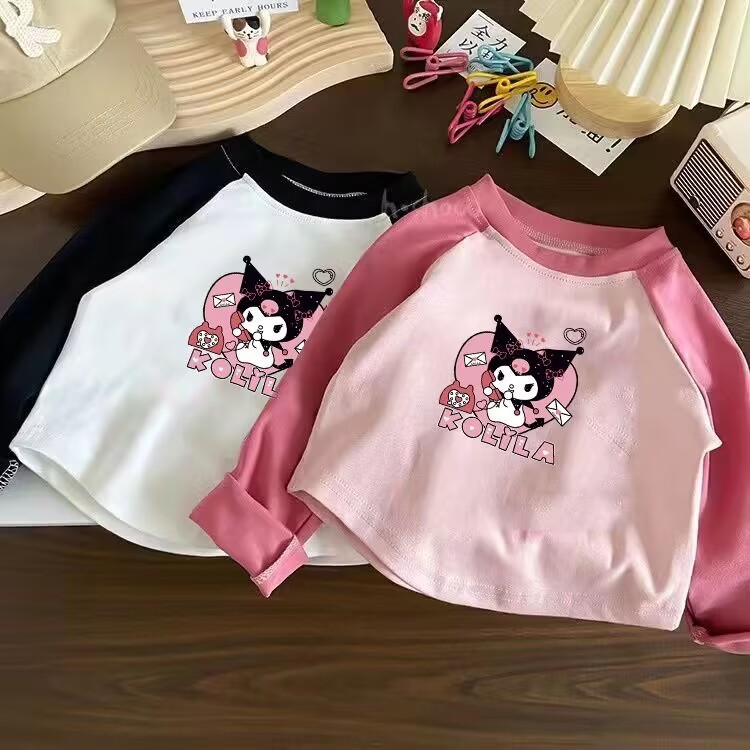 เสื้อยืดแขนยาวเด็กหญิงเสื้อตัวในแบบลำลองสไตล์ตะวันตกพิมพ์ลายการ์ตูน