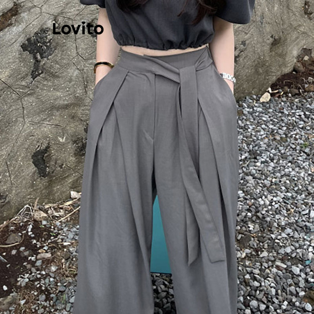 Lovito กางเกงแบบจับจีบ ผูกเชือก สีพื้น สไตล์ลำลอง สำหรับผู้หญิง LNE19074 (สีเทาเข้ม)