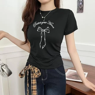 G01-09 เสื้อยืดสีดำแขนสั้นพิมพ์ลายโบว์ดำ สุดน่ารัก แนวเกาหลี หลายไซส์ ผ้านิ่มสวมใส่สบาย ใส่ได้ทุกโอกาส ราคาถูก