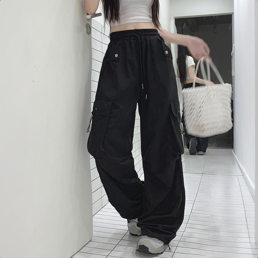 S-4XL กางเกงเอี๊ยมขายาวเอวสูงทรงหลวมสำหรับผู้หญิงพร้อมเชือกผูกเอวยางยืด - รูปที่ 5