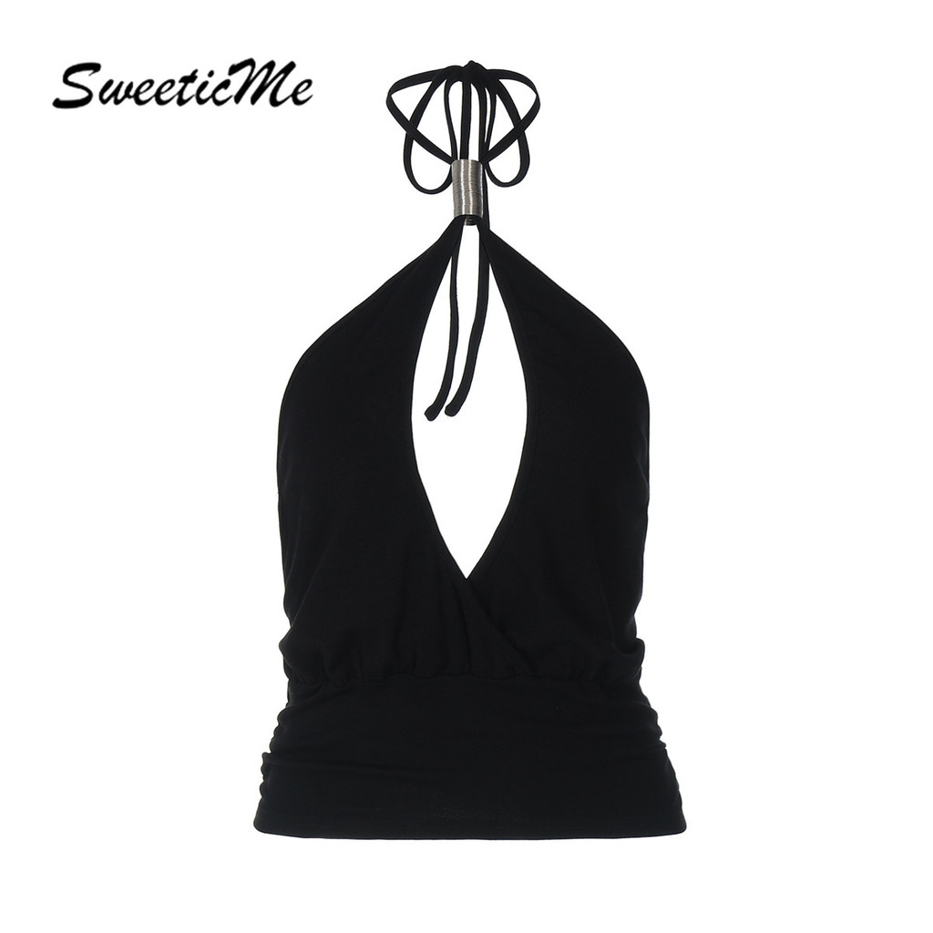 เสื้อสตรีใหม่ปี 2025 สไตล์แฟชั่นสีทึบ แบบ Halter Camisole สำหรับวันพิเศษ