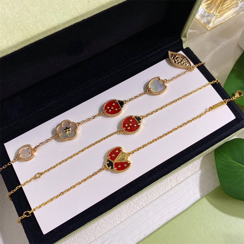 2025 Beetle White Fritillary Five-leaf Clover Carnelian Ladybug Gold Bracelet