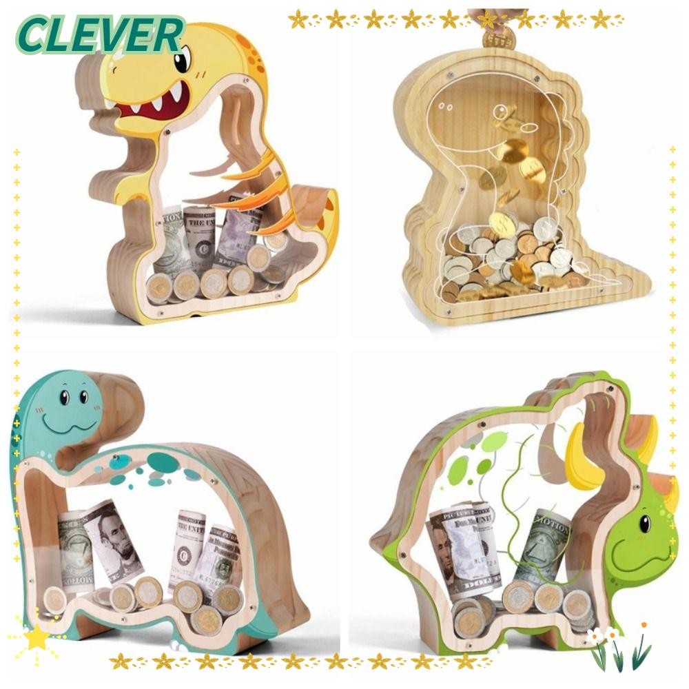 CLEVER กระปุกออมสินไดโนเสาร์ไม้, กล่องเก็บเหรียญ Triceratops โปร่งใส, นํากลับมาใช้ใหม่ได้ทนทานปลอดภัยกล่องเงินตกแต่งบ้าน