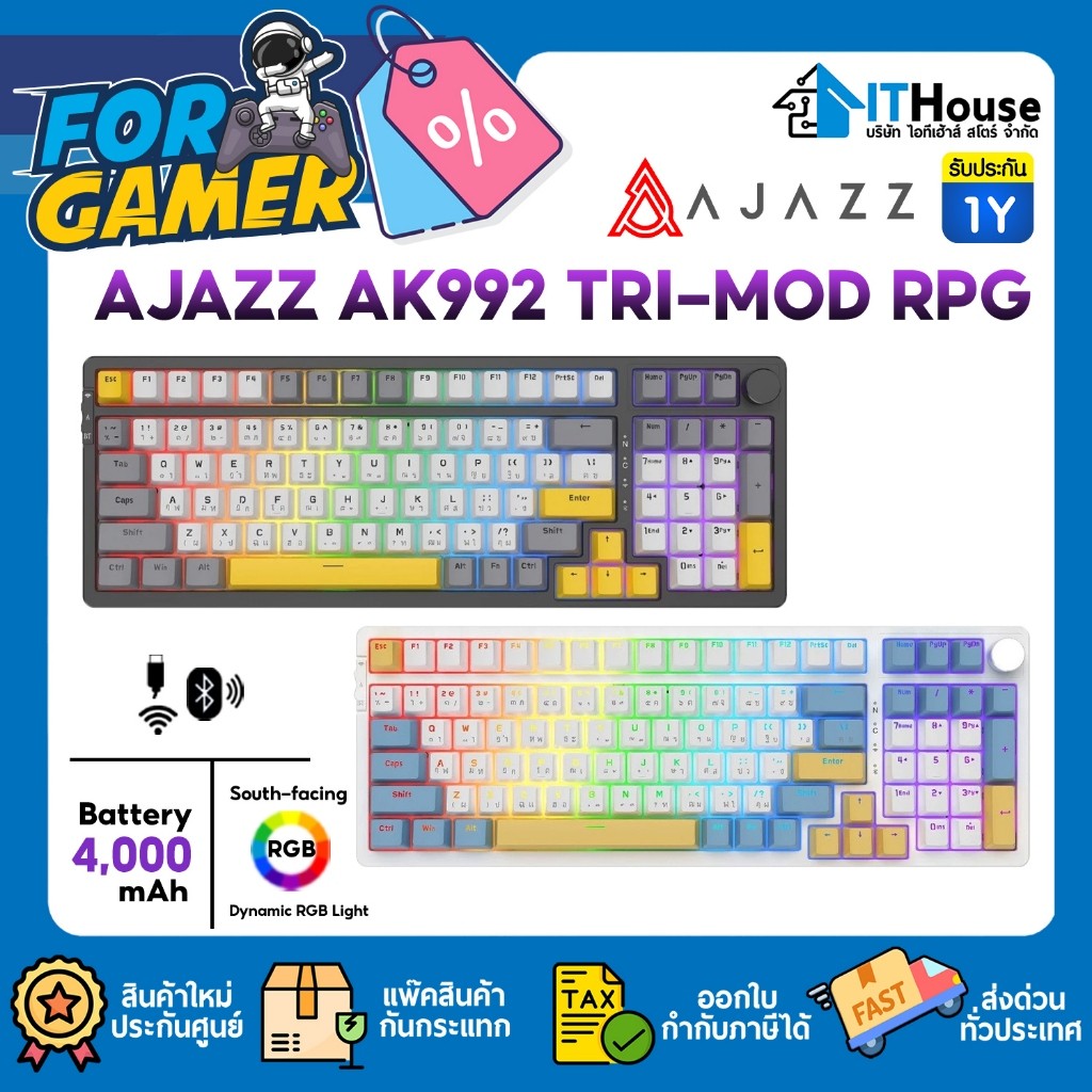 🟢คีย์บอร์ดเกมมิ่ง Ajazz AK992 Tri-Mod RGB Version 99Key Gasket Mechanical Keyboard รับประกันสินค้า 1