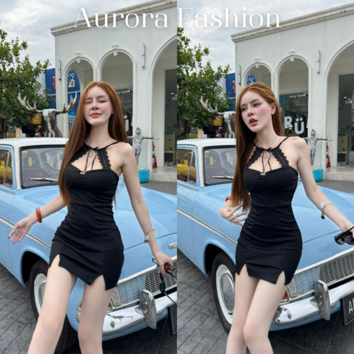 Aurora🛒พร้อมส่ง🚚 (รูปถ่ายจากงานจริง) ชุดมินิมเดรส สายเดี่ยว เว้าหน้าอกแต้งลูกไม้ ทรงรัดรูปพอดี