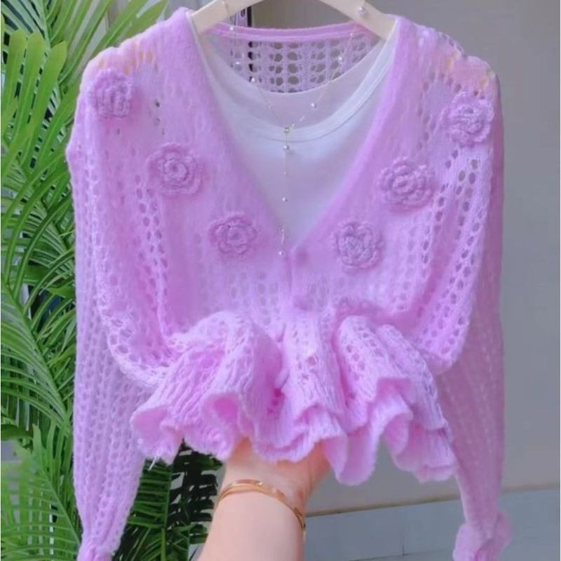เสื้อถักลายดอกกุหลาบสามมิติ สไตล์หลวม สำหรับฤดูใบไม้ผลิและฤดูร้อน