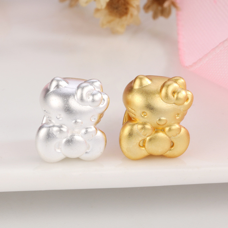เงินแท้ 999 Bow Hello Kitty Beaded การ์ตูน KT Cat เชือกทอมือเครื่องประดับวัสดุอุปกรณ์เสริมลูกปัดหลวม