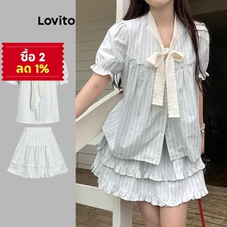 Lovito เสื้อลูกไม้คอปกสีตัดกันลายทางด้านบนน่ารักหรือฤดูร้อน/ก้นฤดูใบไม้ผลิสําหรับผู้หญิง L122AD058