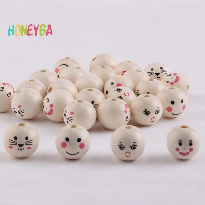 <Honeyba> 10PCS ไม้พิมพ์สียิ้ม Face ตุ๊กตาหัวลูกปัดไม้ลูกปัดหลวม DIY เครื่องประดับอุปกรณ์เสริมลูกปัด Expression พร้อมรู Nice - รูปที่ 2