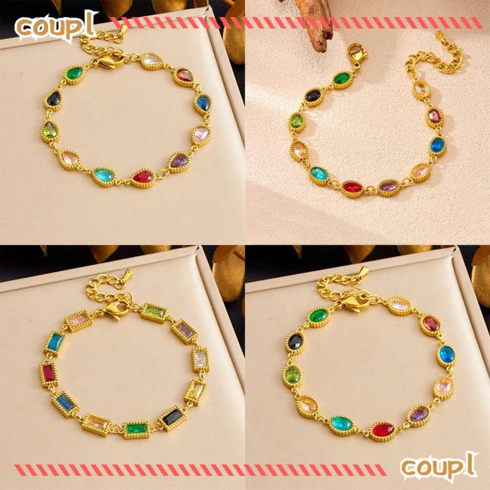 SOUP โซ่ข้อมือสแตนเลสสีสันสวยงามพร้อมcharm Zircon, คล้องแบบ vintage lobster claw, เครื่องประดับสำหรั