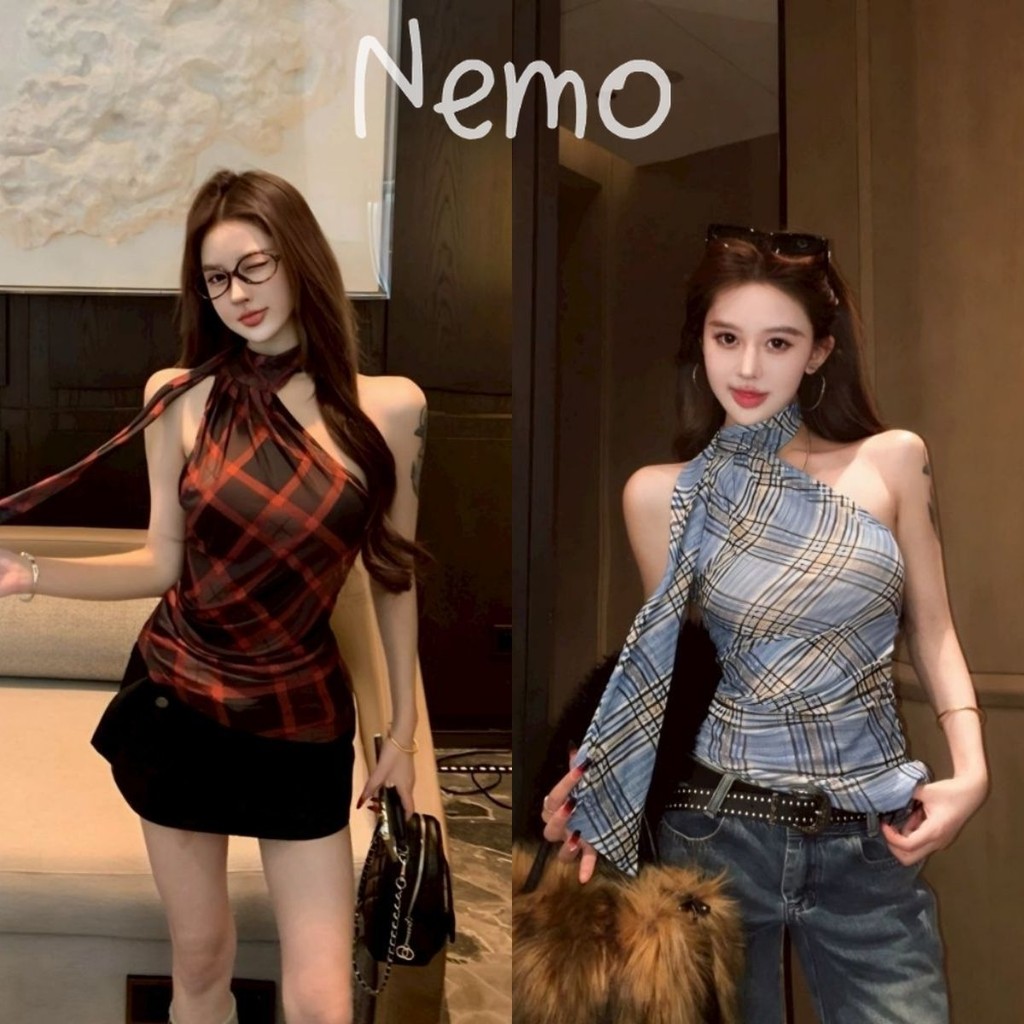 Nemo store🌸#FY250 เสื้อกล้าม ลายสก็อตสีฟ้าแดง ทรงพอดี เรียบหรู