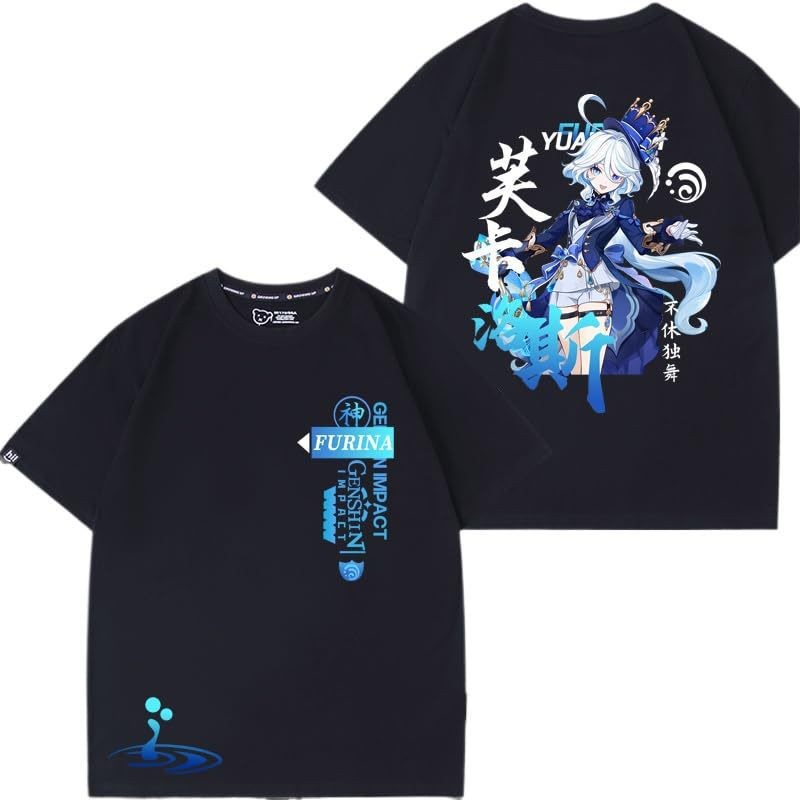 Genshin Impact Furina เสื้อยืดดำแขนสั้น