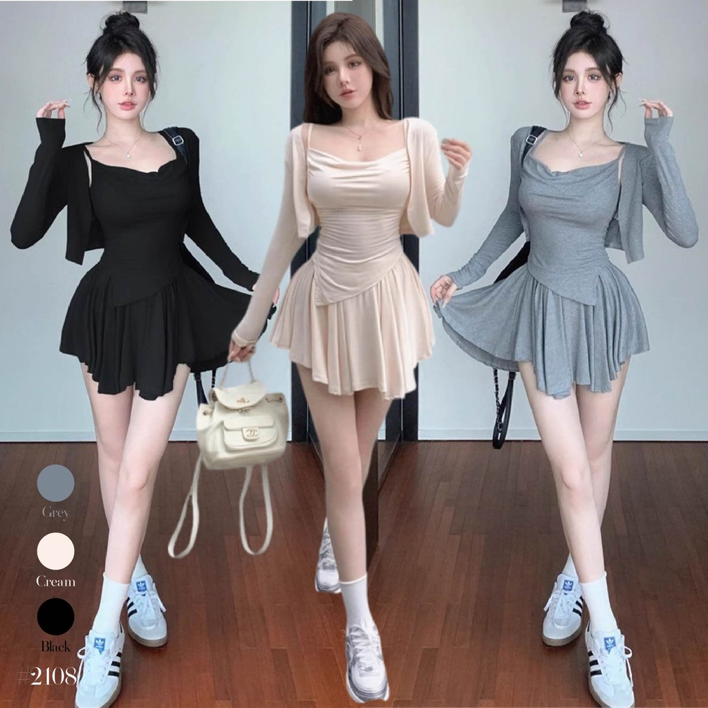 ชุดเซ็ต3ชื้น สีดำ เสื้อครอปสายเดี่ยวปรับสายได้ + กระโปรงกางเกงเอวยางยืดทรงเอ + เสื้อคลุมแขนยาว #2108
