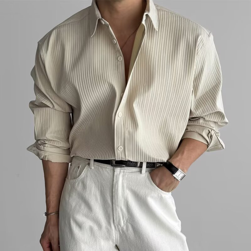 เสื้อเชิ้ตผู้ชายสำหรับฤดูใบไม้ร่วง สไตล์เกาหลี ธุรกิจสีทึบแขนยาว