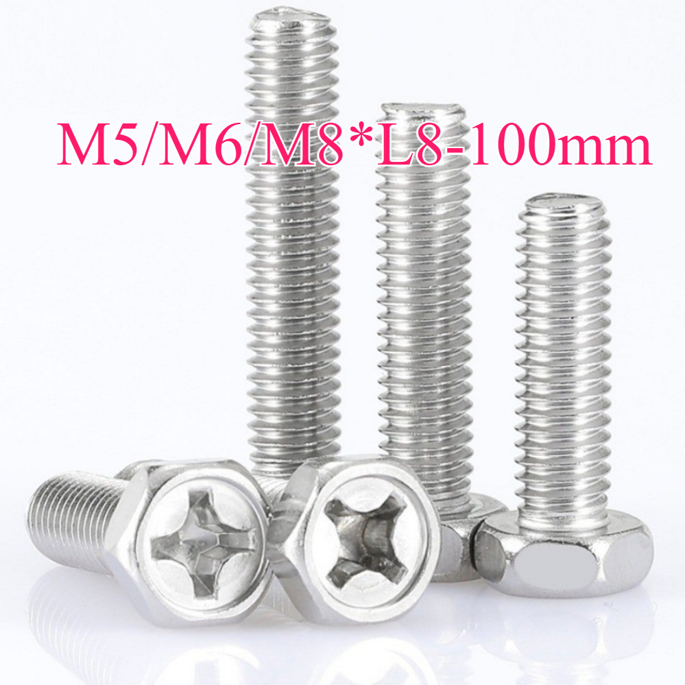 304 สแตนเลสสตีล Cross Groove ด้านนอกหกเหลี่ยม Bolt M5/M6/M8 * L8-100 มม. (SMT-XD-TH)
