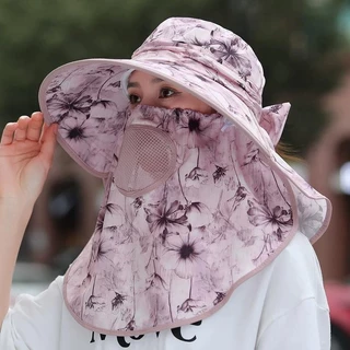 หมวกกันแดดผู้หญิง ปีกกว้าง ลายดอกไม้ ป้องกัน UV รอบด้าน เหมาะสำหรับขี่จักรยาน พักผ่อนชายหาด