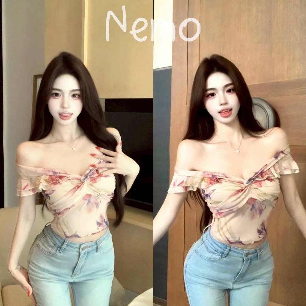 Nemo store🌸#FY2913 เสื้อแขนสั้นเปิดไหล่ ลายดอกไม้ ยืดตามตัว น่ารักๆ ทรงพอดีตัว