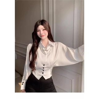 mimi&didi#เสื้อเชิ้ตแขนพัฟค้างคาว สีขาว เซ็กซี่ เอวสูง แขนยาว เสื้อเชิ้ตสั้นสำหรับผู้หญิง จัดส่งจากกรุงเทพฯ#รุ่น99149