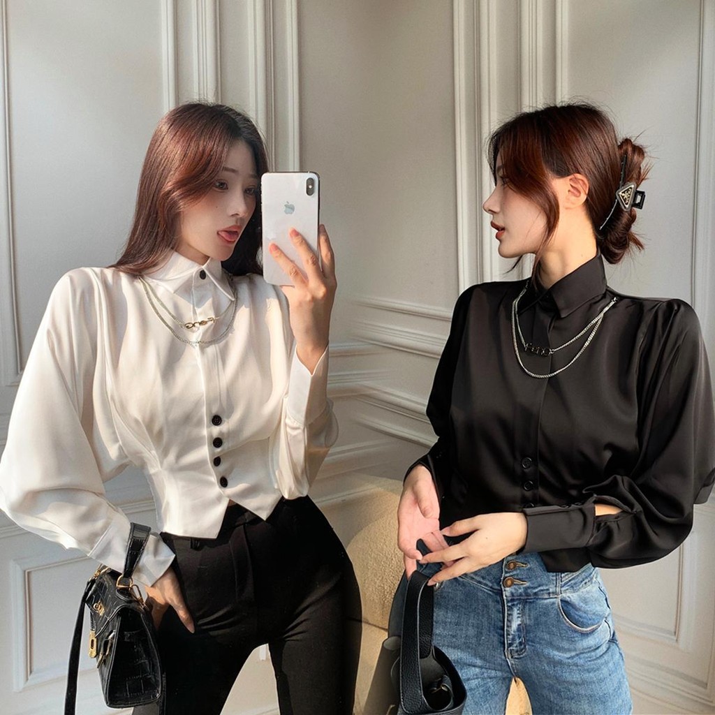 Chili Koko เสื้อเชิ้ตครอปแขนยาวทรงค้างคาวสีขาว เอวสูง เซ็กซี่ เข้ารูป สำหรับผู้หญิง เสื้อเชิ้ตผ้าซาติน 99149