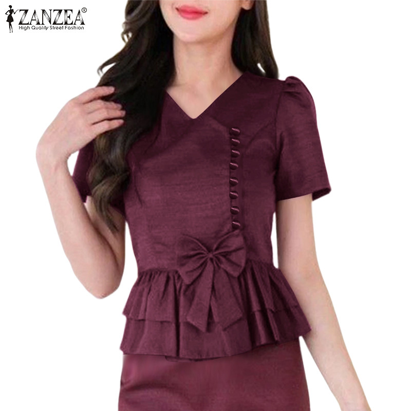 ZANZEA เสื้อเบลาส์แขนสั้นสำหรับผู้หญิง ออกแบบสไตล์เกาหลี มีซิกเนเจอร์ริบบอนและขอบกระโปรงสองเลเยอร์