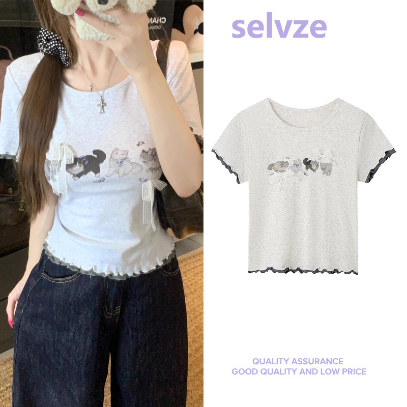 SELVZE เสื้อรัดรูป เสื้อวินเทจ เสื้อแฟชั่น ทรงสลิมฟิต เสื้อยืดแขนสั้น ผ้ายืดรูปทรงสวย  เสื้อสวยๆ  KU-HW1062