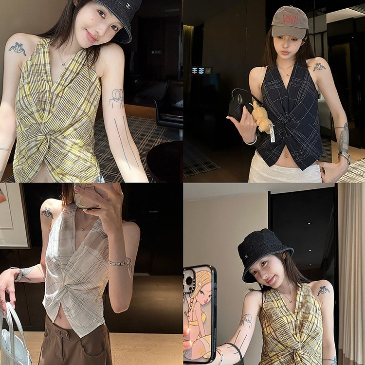 P ลายสก๊อตผูกปม v คอ Halterneck เสื้อกั๊กผู้หญิงฤดูร้อนสไตล์ใหม่สไตล์เกาหลีออกแบบสั้นสไตล์ Slimmer ด