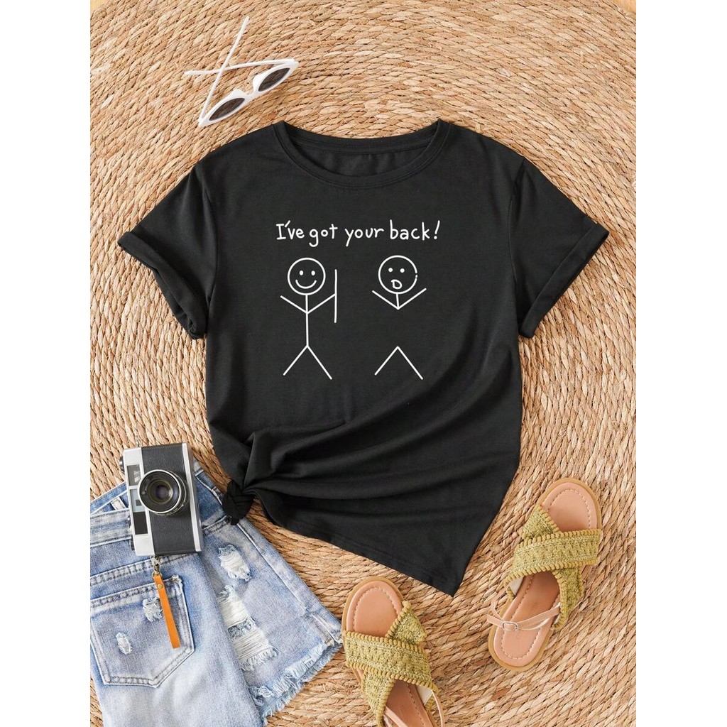 Cartoon & Slogan Graphic Tee Ive Got Your Back Graphic Tees Women Tops