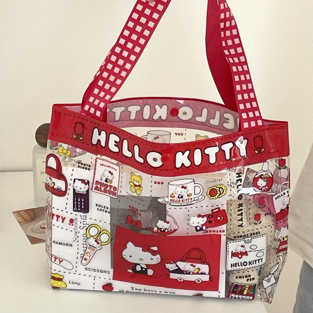 Uumir กระเป๋าถือ Hello Kitty กระเป๋าสะพายทรงสี่เหลี่ยมกันน้ํา กระเป๋าช้อปปิ้ง PVC ความจุขนาดใหญ่น่ารักผู้หญิง