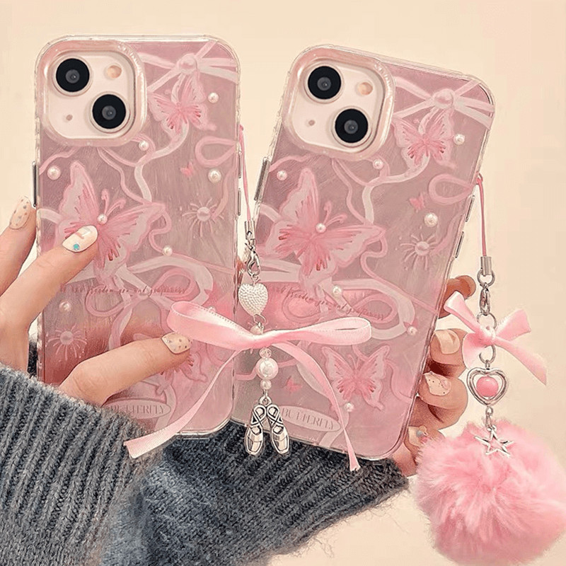 เคส for iPhone 17 Air 16 15 14 12 ProMax 13 Pro Max 11 Xsmax Xs Xr X 8 7 8+ 7+ Plus 12Promax 13Promax 14Promax 15Promax Premium Butterfly 3D DIY Pearl Sticker Plush Ribbon Bowknot Strap Soft Phone Case Feather Silver Back Cover YS 06