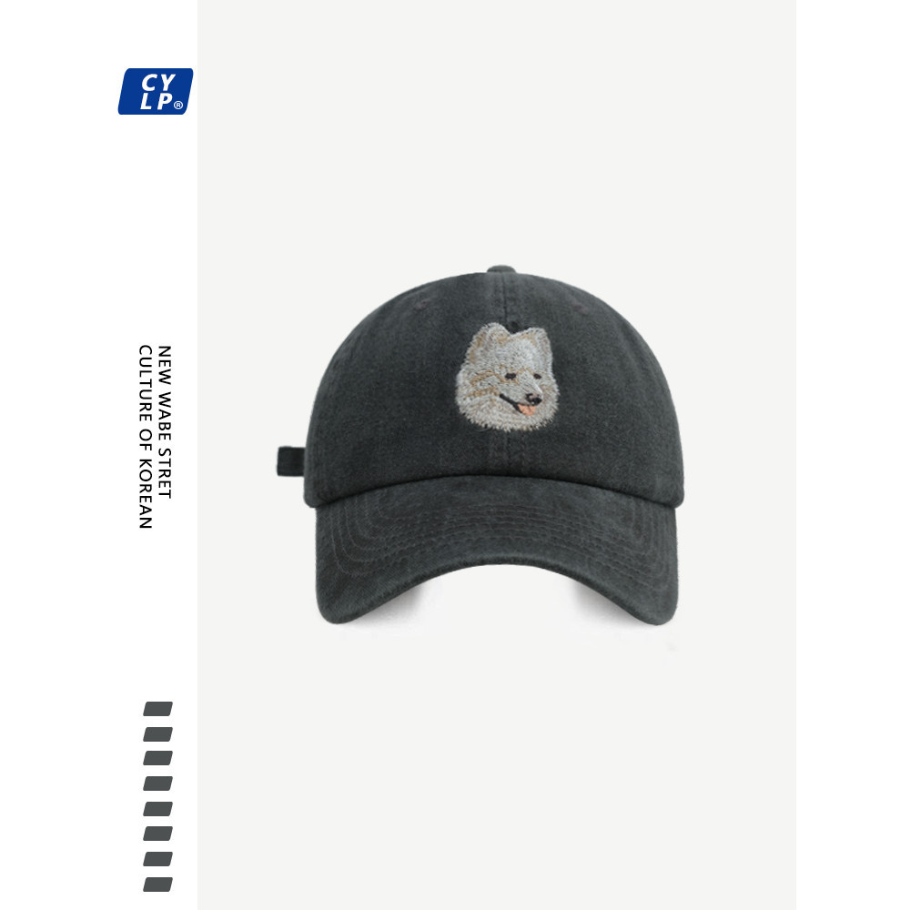 เกาหลีเกาหลีอินบล็อกเกอร์สไตล์เดียวกันน่ารักการ์ตูนสุนัขแบบปักหมวกเบสบอลหญิงเกาหลีรุ่นสีดําหมวกแหลมชาย